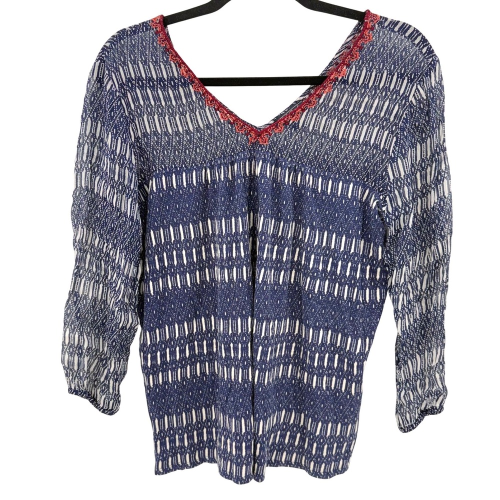 Lucky Brand Boho Indie Folk Embroidered‎ V-Neck Geometric M Sheer Sleeves Blouse